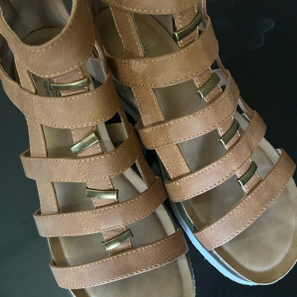 Corkys Tan Gladiator Sandals with Gold Accents